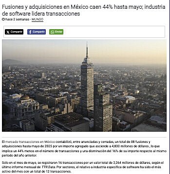 Fusiones y adquisiciones en Mxico caen 44% hasta mayo; industria de software lidera transacciones